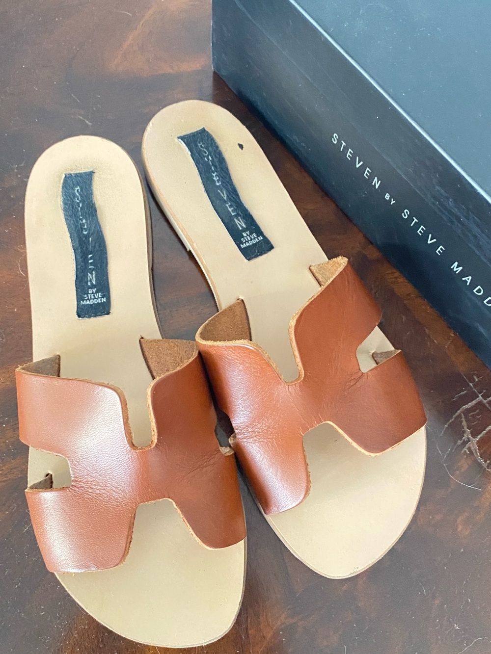 Steven by Steve Madden Dark Cognac Leather Slide Sandals 6.5 - Picture 2 of 7